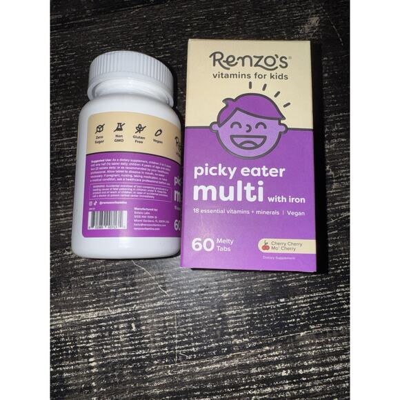 Renzo's Picky Eater Kids Multivitamin with Iron Cherry 60 Melty Tabs Exp 09/2027 - Picture 2 of 6